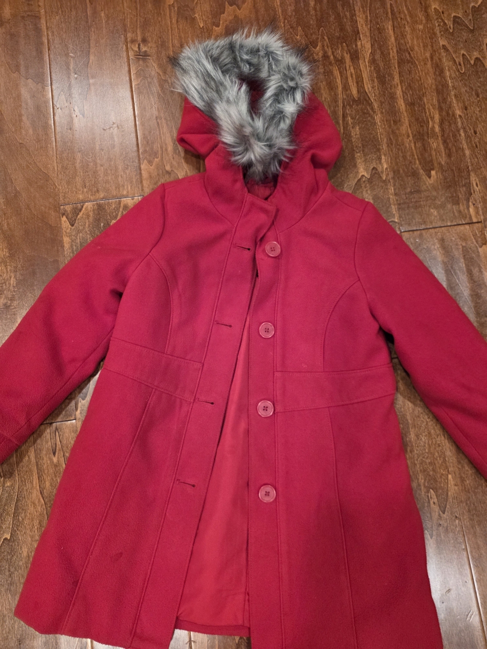 Cat & Jack Girls Red Hooded Coat with Faux Fur Trim Small EUC